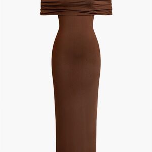 Brown Bodycon Maxi Dress with Backless & Off the Shoulder Neckline for Cocktail